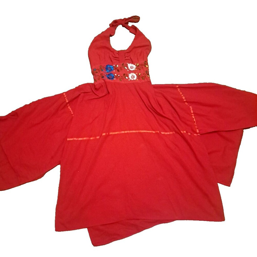 Vintage Embroidered Halter Dress Dancing Red Salsa Handmade Cotton Tie Back S